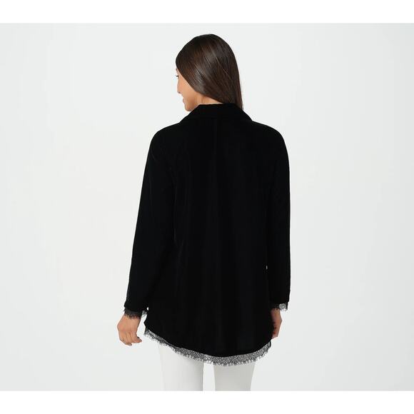 LOGO Lori Goldstein Velvet Button Front Lace Trim Blouse Black Small New - Picture 2 of 7